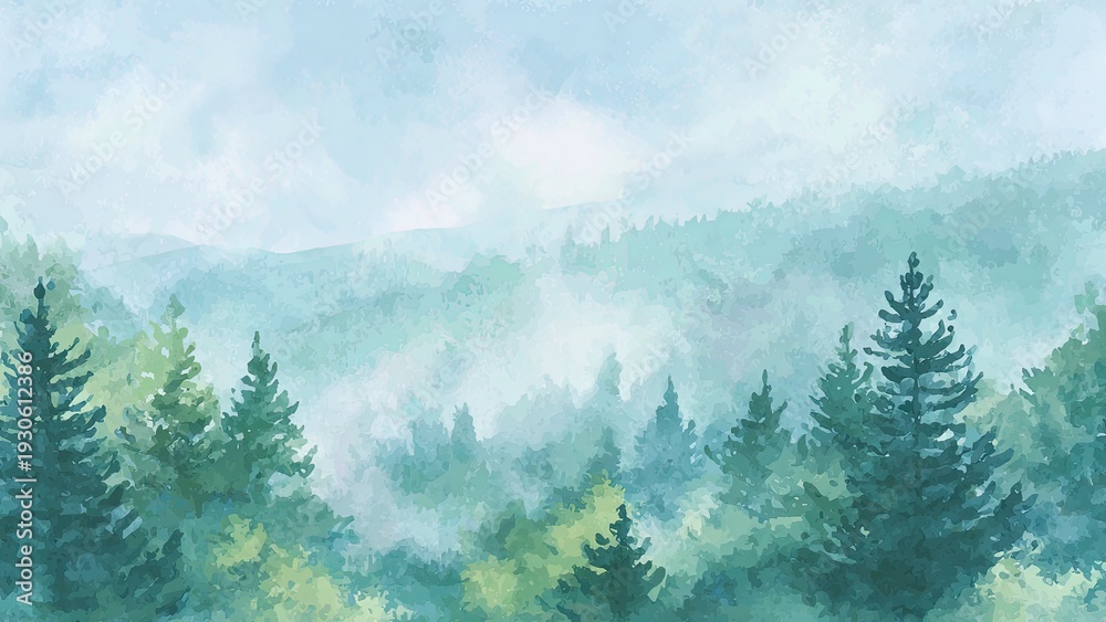 Fototapeta premium 霧に包まれた森林の水彩風景 淡いグリーンが広がる自然イラスト