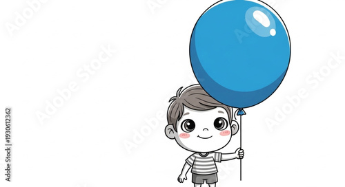 Young Boy Holding Blue Balloon Illustration.