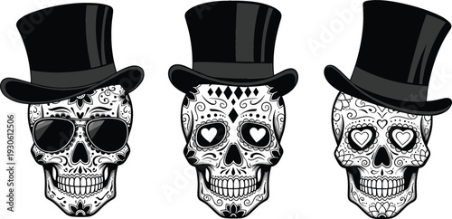 Day of the Dead Sugar Skull Set with Top Hat and Decorative Floral Patterns Gothic Halloween Vector Illustration Collection