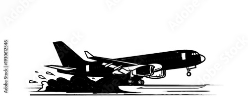 Stylized silhouette of an airplane taking off with dramatic black smoke and speed lines