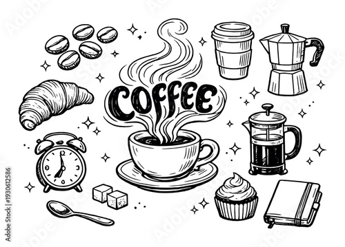 Coffee breakfast and cafe icon set with croissant cup french press french moka and takeaway mug for design background and poster