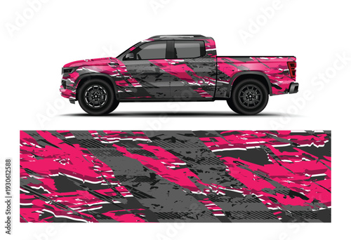 Pink and Black Pickup Truck Wrap Design with Sport Racing Livery Vector
