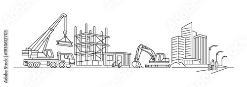 Construction equipment and city development scene with crane excavator scaffolding and truck for design background and industrial poster