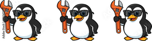 Cool penguin mechanic mascot character wearing sunglasses and holding a large orange wrench for repair service, maintenance, and workshop designs,