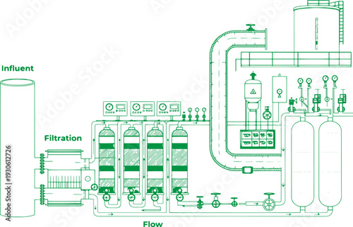 Industrial Water Treatment Plant Vector Line Art Illustration with Filtration Tanks, Pipes and Valves, Wastewater Processing Infrastructure Technical Schematic Drawing for Engineering