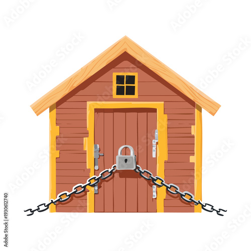 Cartoon red shed secured with lock and chain
