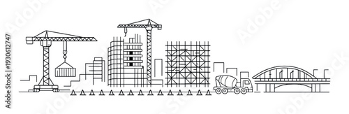 Urban construction skyline with tower cranes container lift concrete mixer and bridge for infrastructure design background and industrial poster