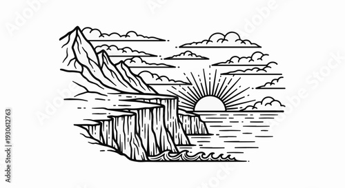 Stylized sunrise over ocean cliffs with clouds in sky