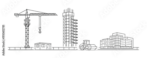 Construction site skyline with tower crane, concrete core and heavy machinery for urban development background, banner and design layout