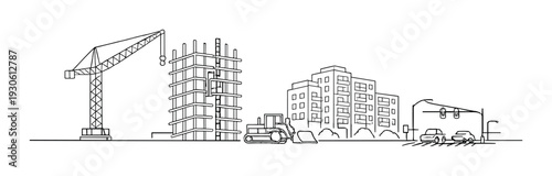 Urban construction scene with tower crane and skeletal framework beside bulldozer and residential buildings for development background and design layout