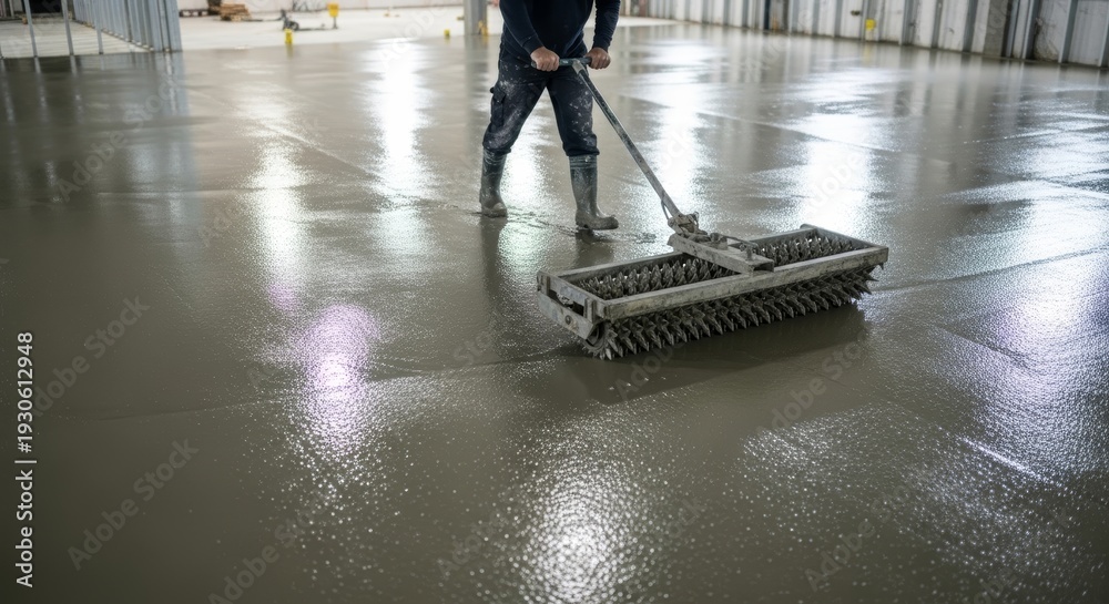 Obraz premium Man working on concrete floor with spike roller. Construction worker levelling wet cement in industrial building. Modern material finishing work.