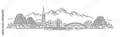 Mountain town skyline with church fountain arched bridge and riverside buildings for travel tourism landscape banner background and city concept