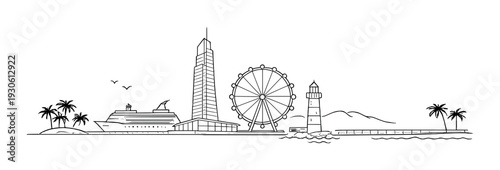 Coastal harbor skyline with cruise ship ferris wheel and lighthouse for background design and travel poster layout