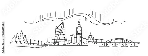 Riverside city skyline with clock tower and modern skyscraper for background design and banner layout