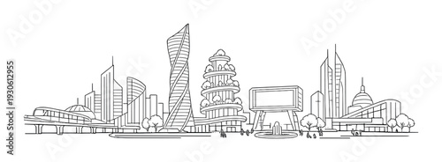 Futuristic smart city skyline with green rooftop terraces and modern towers for design background poster and urban technology concept