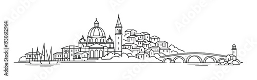 Mediterranean coastal village skyline with domed cathedral and arched bridge for background design and travel poster layout