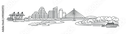 Harbor city skyline with container cranes and cable bridge over river for transport design background and logistics concept