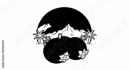 Stylized tropical scene with fruit, palm trees, and mountains