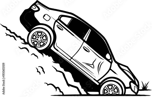 Stylized illustration of a car sliding off a grassy embankment