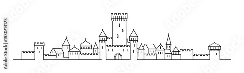 Medieval castle skyline silhouette with fortified walls towers and turrets for historical background and heritage design concept