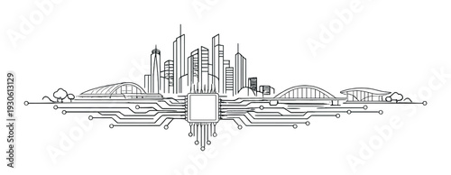Smart city technology skyline integrated with central microchip and circuit lines for hardware concept background and tech presentation design