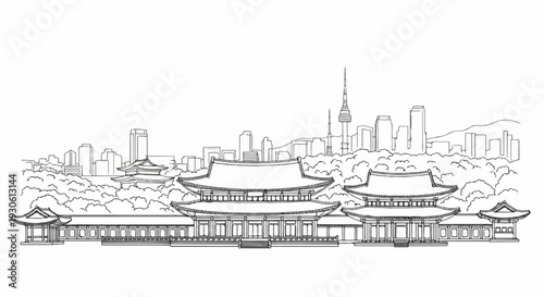 Stylized line drawing of Korean palace and city skyline