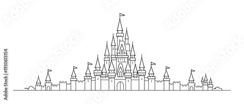 Fantasy fairy tale castle skyline with central spire and glowing turrets for design poster background and banner layout