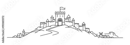 Medieval hilltop castle skyline with winding road, village houses and windmill for design poster background and concept layout