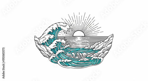 Stylized ocean waves crash against rocks under a radiating sun at sunrise