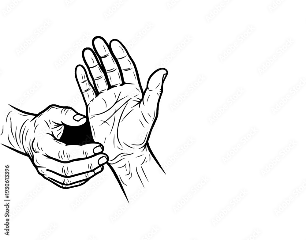 Obraz premium Stylized line drawing of two human hands, one touching the other's palm