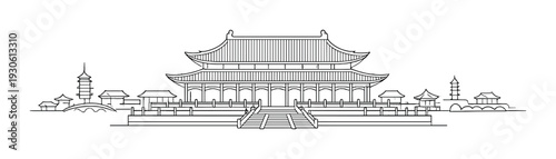 Chinese imperial palace facade outline with sweeping eaves, courtyard and gate elements for background, poster, banner and design use