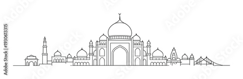 Indian mausoleum skyline outline with central dome and minarets for background, poster, banner and cultural design use