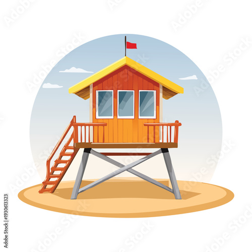 Colorful lifeguard tower illustration on sandy beach