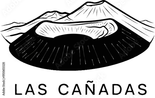 Stylized depiction of a volcanic caldera with mountains in the background