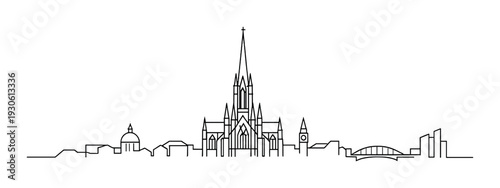 Gothic cathedral skyline silhouette with pointed spires and vaulted details for background, poster, banner and minimalistic design use