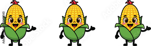 Cute corn mascot character with green husks and yellow kernels waving hand for agriculture, farm market, healthy food, and vegetable,