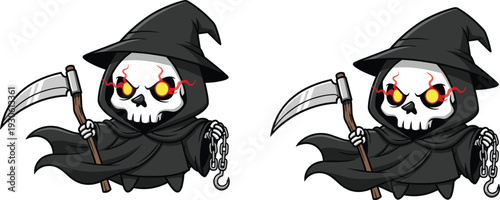 Cute cartoon grim reaper character with scythe and chains, funny death mascot, halloween skull reaper isolated on white background, vector