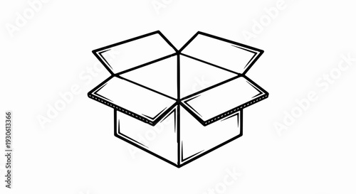 Stylized open black outline of a cardboard box on a white background