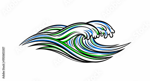 Stylized depiction of blue, green, and black waves crashing