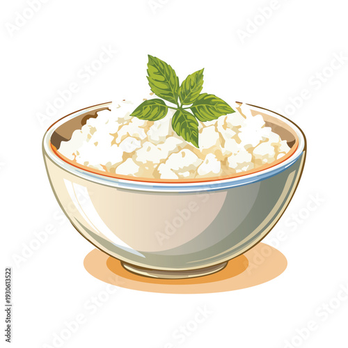 Cottage cheese bowl with fresh basil leaves illustration