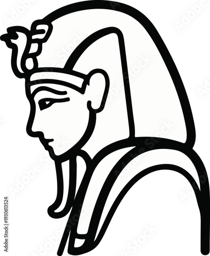 Stylized profile of an Egyptian figure wearing a headdress and elaborate collar