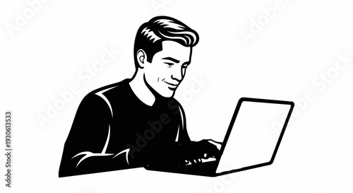 Stylized man smiling while typing on a laptop computer