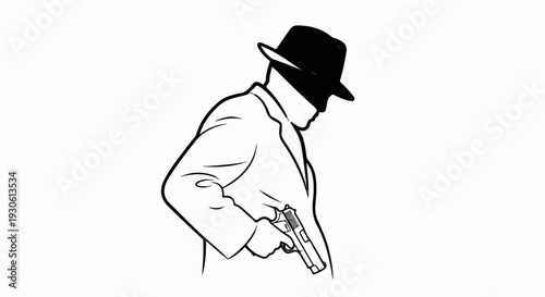 Stylized man in hat, coat, holding pistol discreetly