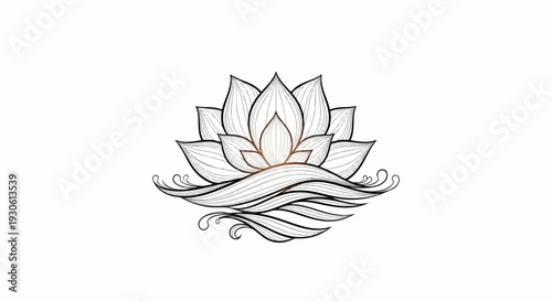 Stylized lotus flower with flowing water elements drawn in black and white
