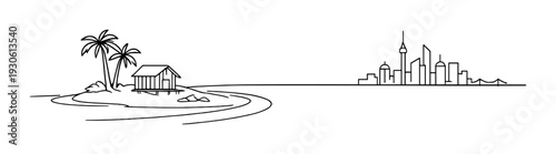 Minimalist concept of tropical island with hut and distant city skyline for travel background and banner design