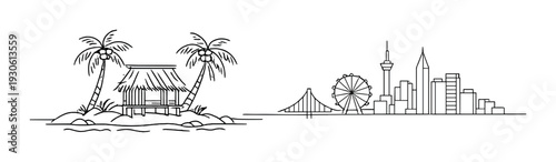 Minimalist tropical hut and palm trees with modern city skyline and ferris wheel for travel banner and background design