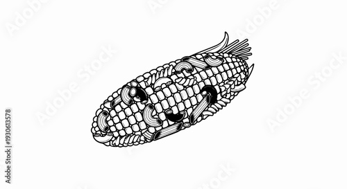 Stylized illustration of a corn cob integrated with various pasta shapes