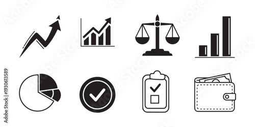Business analytics icons featuring growth charts balance scales wallet and checklist vector design