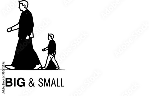 Stylized figures of a giant and a small person walking side-by-side