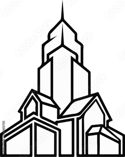 Stylized monolithic structure with tiered setbacks and a central spire